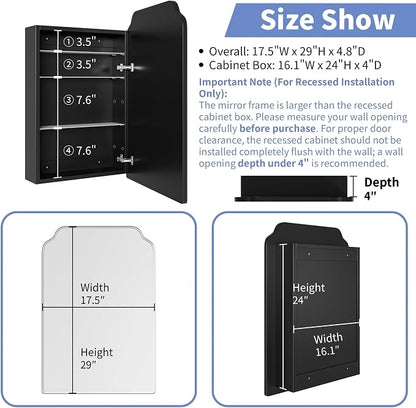 AGDULL Recessed Medicine Cabinet with Arched Mirror, Overall 17.5"x29" | Bathroom Wood Black Wall Cabinet with Mirror, Soft-Closed Hinges, Fully Assembled, Surface Mount Option, Right-Swing Door