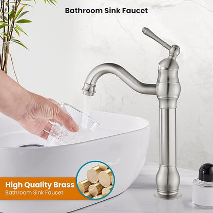 gotonovo Vessel Sink Faucet 360° Swivel Spout Single Handle Tall Bathroom Faucet 1 Hole Farmhouse Lavatory Washbasin Mixer Tap Matching Supply Hoses, Without Pop Up Drain, Brushed Nickel