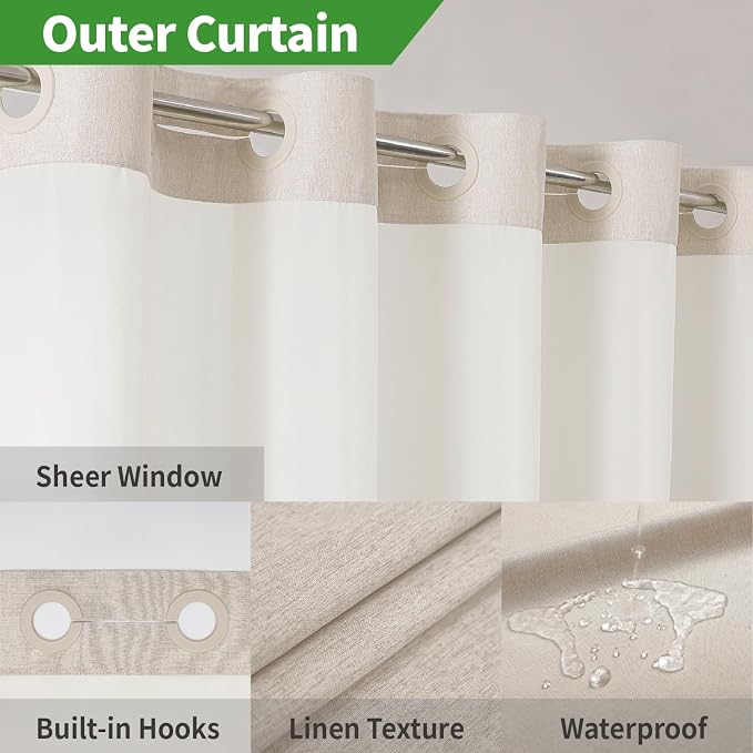 eachope No Hook Linen Texture Shower Curtain with Snap-in Liner,60x74 Cream | 230GSM Thick Fabric,Hotel Luxury Decor,Mesh Top Window,Waterproof & Machine Washable,for Shower Stall or Bathroom