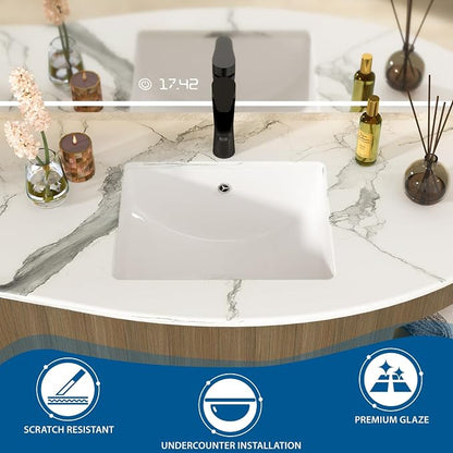 White Undermount Bathroom Sink 18"x14"Ceramic Basin | Modern Porcelain Under Counter Bathroom Vanity Sink, Interior Bowl 16.3"x 16.9", Rectangular Undermount Basin with Overflow