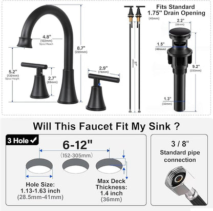 HOTIS Black Bathroom Faucet 3 Hole, 2 Handle 360° Swivel Matte Black 8 Inch Widespread Bathroom Sink Faucet, Lavatory Sink Faucet with Pop-up Drain and Supply Lines, HT-BF302