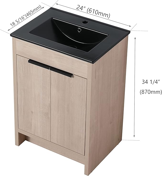 24'' Freestanding Bathroom Vanity, 24 Inch Floor Stand Bathroom Vanity with Sink, Single Black Sink Cabinet Set, Modern Storage Cabinet, with Soft Closing Door, 02424PLO+BL9060BK