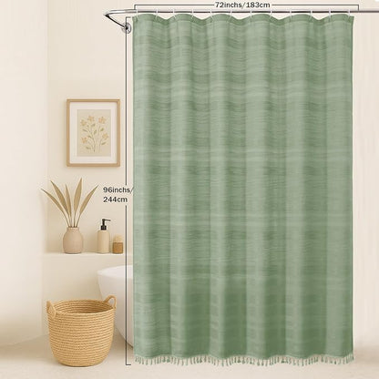 Extra Long Light Green Shower Curtain 96 Inch Long, Boho Linen Textured Soft Fabric Heavy Duty Cloth Bathroom Shower Curtain with Tassel, Tall Farmhouse Luxury Bath Decor, 72Wx96L Inches