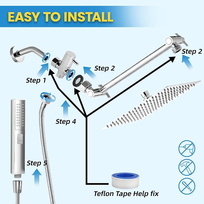 Rainfall Shower Head with Handheld Combo, Silvery, 10 Inch & 3 Spray Modes | 180° Adjustable, Extension Arm, Easy To Install