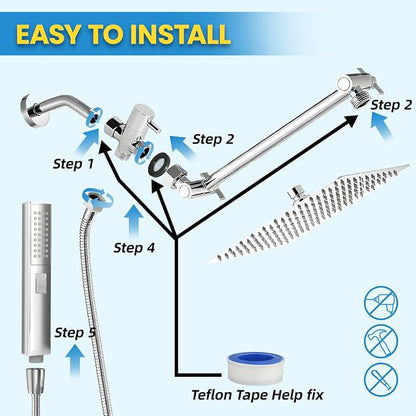Rainfall Shower Head with Handheld Combo, Silvery, 10 Inch & 3 Spray Modes | 180° Adjustable, Extension Arm, Easy To Install