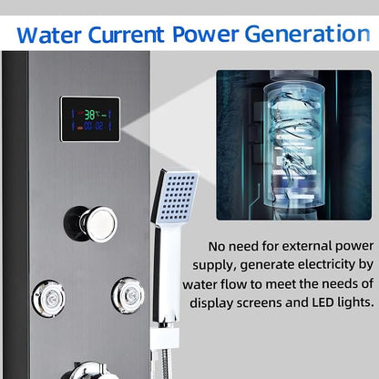 LED 5-in-1 Shower Panel Tower System,Brushed Black | 304 Stainless Steel Shower Panel Tower Column with Powerful Body Jets, Rainfall, Waterfall,Handheld and Tub Spout