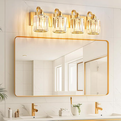 Crystal Vanity Lights, Modern 4-Light Bathroom Lights Over Mirror, Bathroom Light Fixtures with Polished Gold Finish for Mirror Bedroom Living Room (Exclude Bulb)