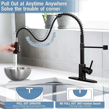 DJS Kitchen Faucets with Pull Down Sprayer Oil Rubbed Brozone -Single Handle 1 or 3 Holes Spring Kitchen Sink Faucet with Deck Plate for Farmhouse RV Vessel Basin