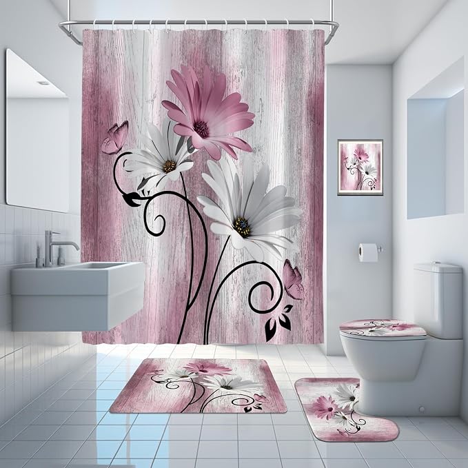 Onalasyc 4PCS Pink Daisy Floral Bathroom Sets with Shower Curtain and Rugs | Country Floral Butterfly Shower Curtain Set,Modern Bathroom Decor Shower Curtains Set with Rugs Toilet Lid Cover and 12 Hooks