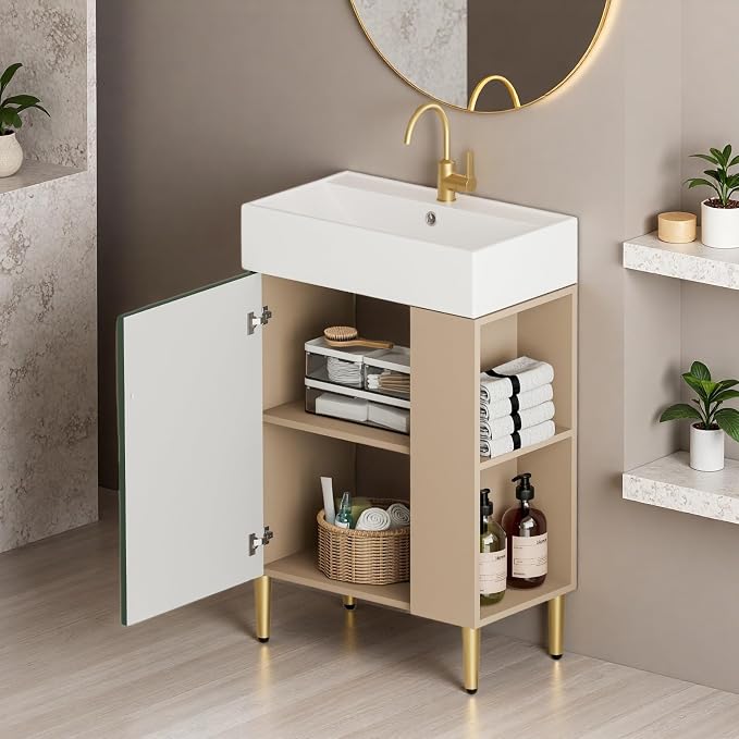 21.6" Freestanding Bathroom Vanity with Ceramic Sink, Green | Ceramic Sink, Wave-Pattern Door & Two-Layer Right Open Compartment, Bathroom Storage Cabinet, Easy Installation