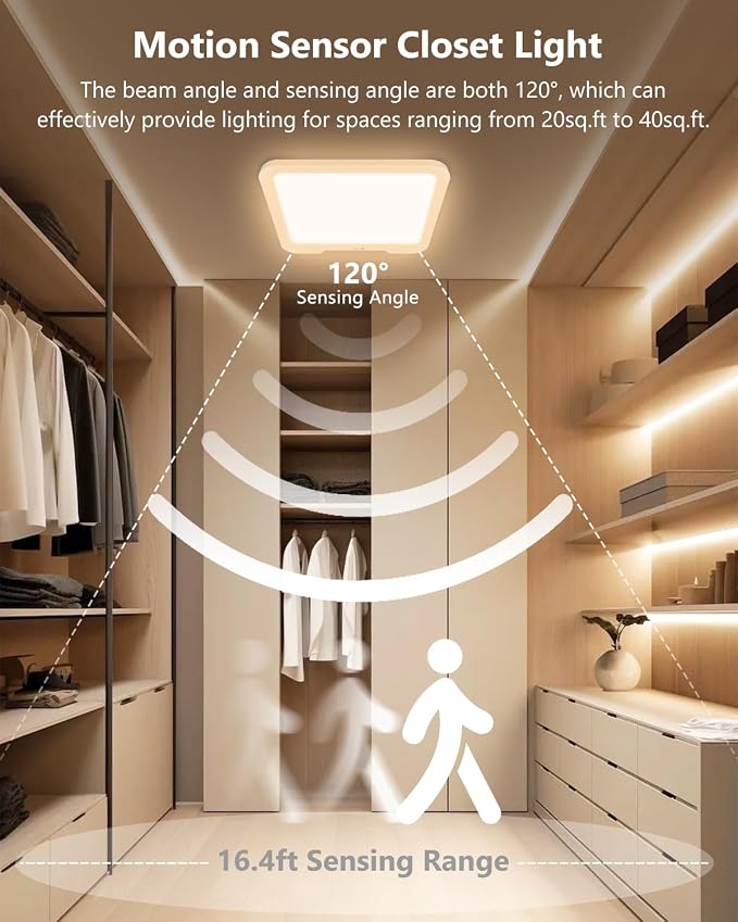 2 Pack Rechargeable Motion Sensor Ceiling Lights for Hallway (Square) | Magnetic Mount Dimmable Closet Light with Remote, 7000mAh Battery Operated, 3 Color Modes, Wireless Installation