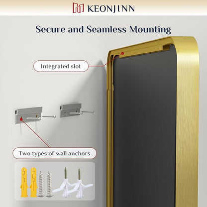 Keonjinn 48 x 30 Inch Brushed Gold Bathroom Vanity Mirror, Aluminum Frame | HD Tempered Glass, Brass Bathroom Mirrors for over Sink, Anti-Rust Aluminum Frame, Rounded Rectangle, French Cleat Mount