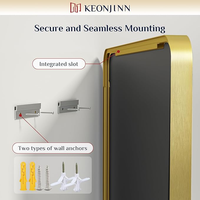 Keonjinn 20 x 30 Inch Gold Bathroom Mirrors for Over Sink, Tempered Glass | Brushed Finish, Brass Vanity Mirror, Anti-Rust Aluminum Frame, Rounded Rectangle, French Cleat Mount, Ideal for Home Décor
