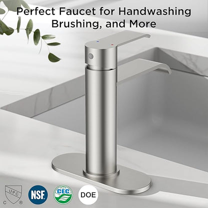 FORIOUS Brushed Nickel Bathroom Faucet 1 Hole, Brushed Nickel Waterfall Bathroom Faucet Single Hole for RV, Single Lever Lavatory Sink Tap with 3 Hole Adapter Deck Plate, Pop Up Drain and 24" Hose