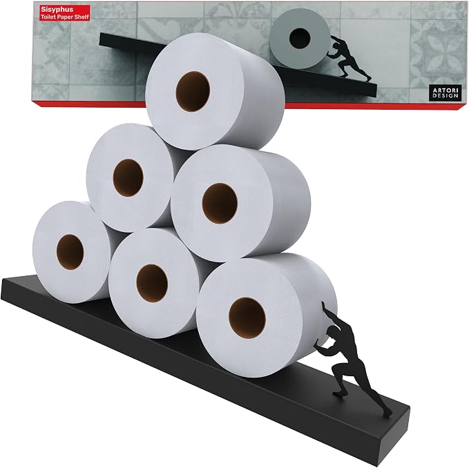 Floating Toilet Paper Shelf - Funny Bathroom Decor, Sisyphus | Unique toilet paper holder doubles as tissue box cover and bathroom shelf storage