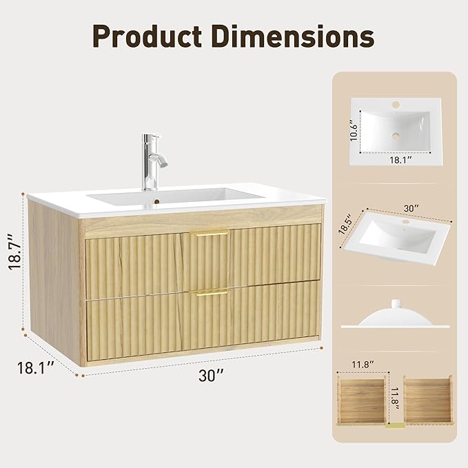 30 Inch Floating Bathroom Vanity Without Sink, Bathroom Wall Cabinet with 2 Fluted Drawers & Metal Handle, Wall Mounted Cabinet for Bathrooms (Natual Yellow, 30 inch, Without Sink)