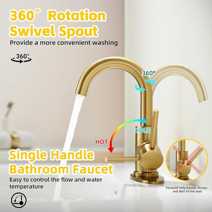 Brushed Gold Bathroom Faucets for Sink 1 Hole or 3 Holes, Single Hole Gold Bathroom Sink Faucet with Pop-Up Drain Mini Size Vanity Faucet Bar Faucet Single Handle Lavatory Faucets