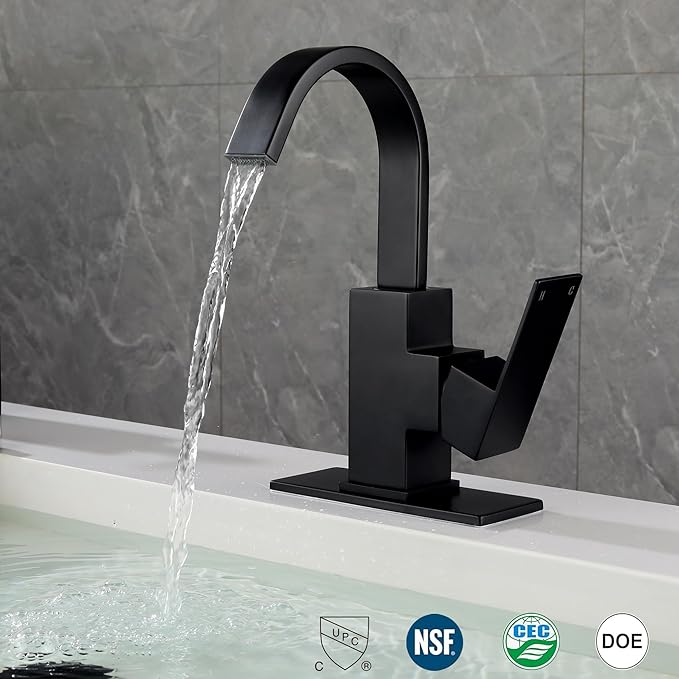 Matte Black Bathroom Faucet Waterfall Faucet Bathroom Vanity with 360 Degree Swivel Spout, Single Hole Bar Sink Faucet with Hose and 6 "Deck Plate,SL5004BK