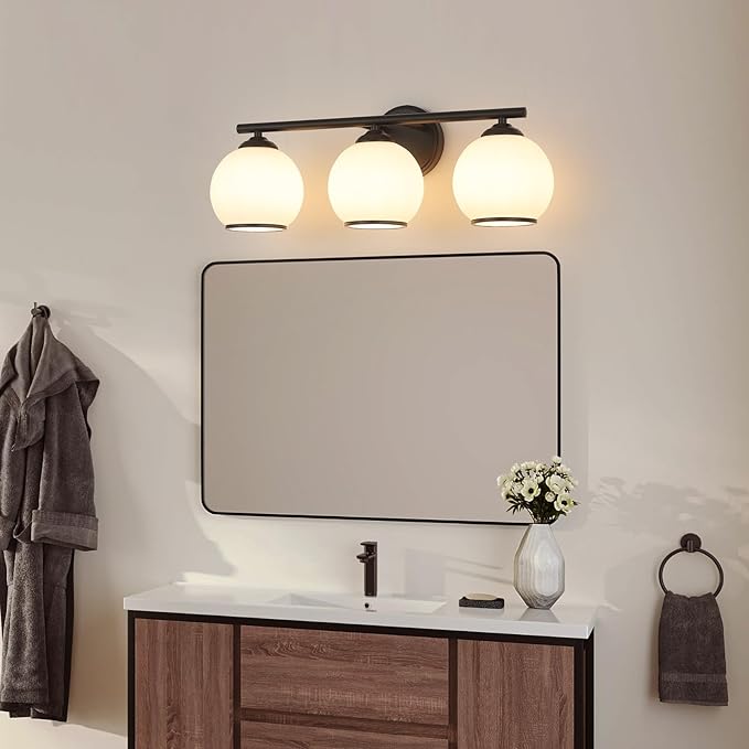 Milk Glass Bathroom Vanity Light Over Mirror, 3 Light Matte Black Bathroom Light Fixtures with Frosted Globe Glass Shade, Modern Vanity Lighting Wall Mounted