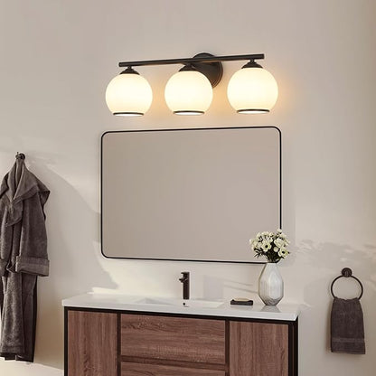 Milk Glass Bathroom Vanity Light Over Mirror, 3 Light Matte Black Bathroom Light Fixtures with Frosted Globe Glass Shade, Modern Vanity Lighting Wall Mounted