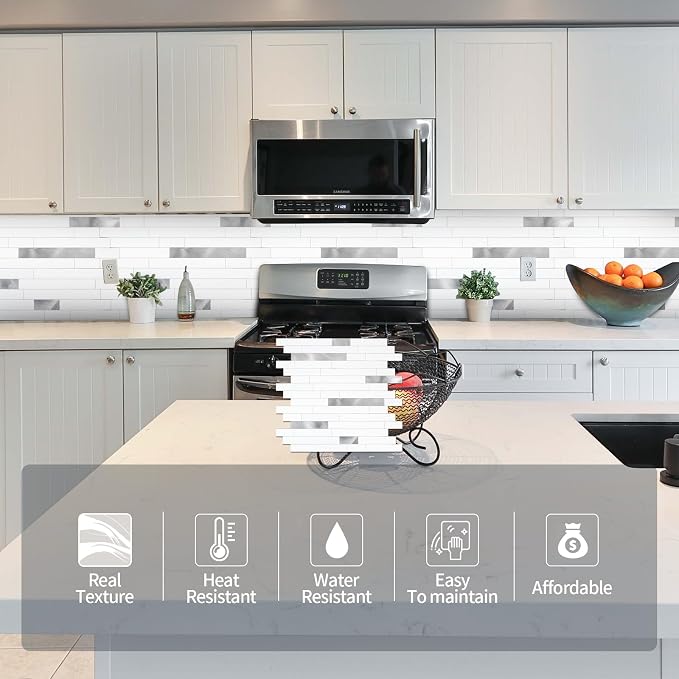 Yipscazo Peel and Stick Stone Metal Backsplash, Stick on Tiles for Backsplash Kitchen (5 Pack, Pure White)