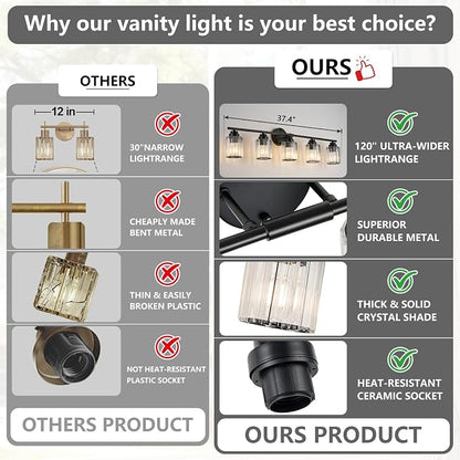 37.4" Crystal Bathroom Lighting Fixtures Over Mirror, 5-Light Balck Vanity Light Fixture, Vanity Lights with Clear Crystal Shade, E26 Base Wall Sconces for Bathroom, Bedroom, Hallway