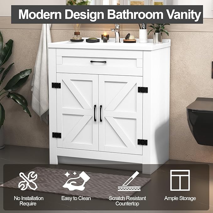 30.9 inch Bathroom Sink Vanity Combo, Small Freestanding Single Bath Vanity Sink Set with 2 Doors, White Single Basin Bathroom Storage Cabinet