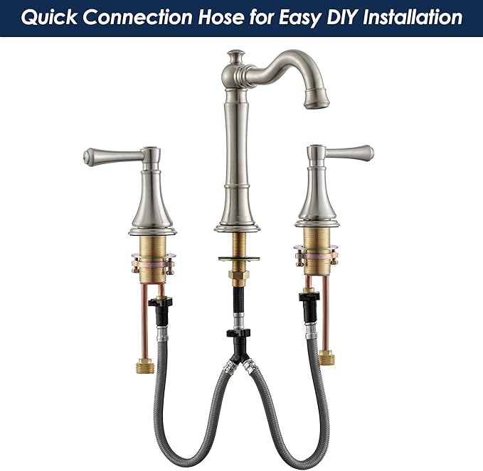 2-Handle Brushed Nickel Bathroom Faucet 8 inch Widespread for 3 Holes with Plastic Pop-Up Drain, Classic Bathroom/Lavatory/Vanity Sink Faucets, High Arc 360° Swivel Brass Spout
