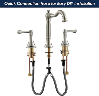 2-Handle Brushed Nickel Bathroom Faucet 8 inch Widespread for 3 Holes with Plastic Pop-Up Drain, Classic Bathroom/Lavatory/Vanity Sink Faucets, High Arc 360° Swivel Brass Spout