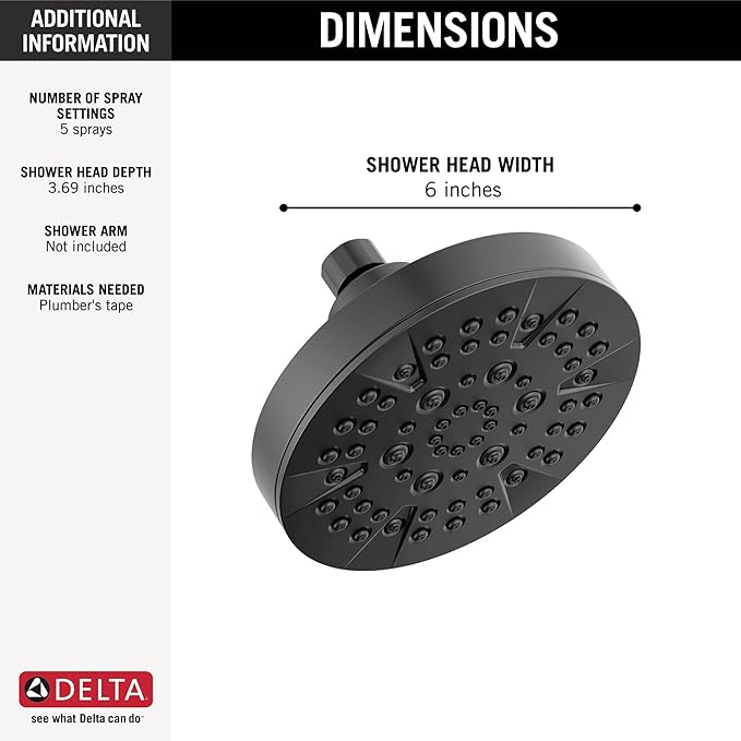 Delta 6-Setting Matte Black Shower Head with High Pressure Spray, 6 Inch Round Shower Head, Showerheads, 1.75 GPM Flow Rate, Matte Black 52535-BL