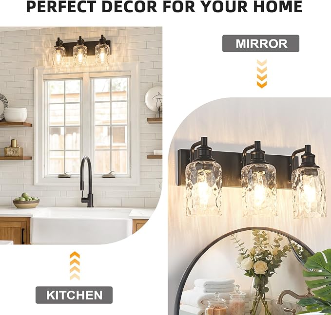 Bathroom Light Fixtures Over Mirror, 3 Lights Vanity Lights with Hammered Glass Shade, 17.8" Matte Black Farmhouse Bathroom Light Fixtures for Bedroom, Porch, Hotel, Mirror Cabinet