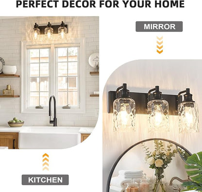 Bathroom Light Fixtures Over Mirror, 3 Lights Vanity Lights with Hammered Glass Shade, 17.8" Matte Black Farmhouse Bathroom Light Fixtures for Bedroom, Porch, Hotel, Mirror Cabinet