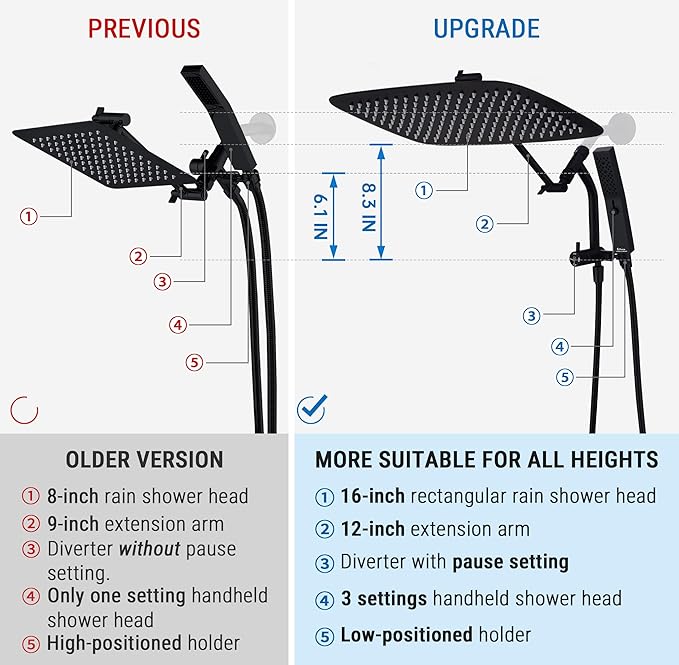 G-Promise 16 Inch All Metal Rain Shower Head with Handheld (Matte Black) | Suits Every Height, Pause Mode Diverter, Massage Mode Handheld, Full Body Coverage, Easy to Install, Modern Bath Upgrade