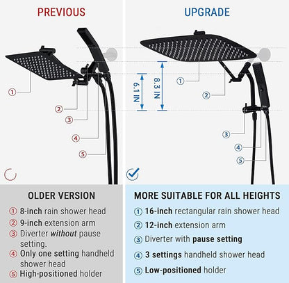 G-Promise 16 Inch All Metal Rain Shower Head with Handheld (Matte Black) | Suits Every Height, Pause Mode Diverter, Massage Mode Handheld, Full Body Coverage, Easy to Install, Modern Bath Upgrade
