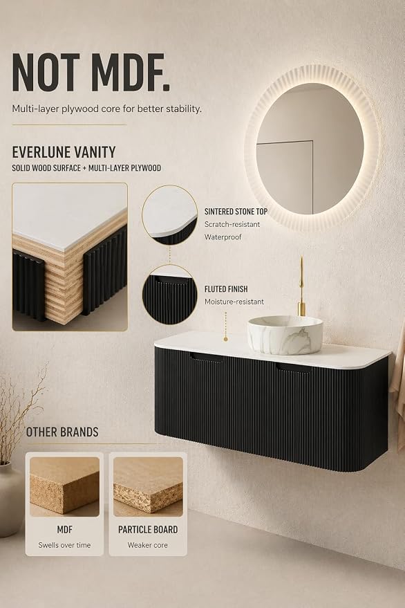 48 Inch Bathroom Vanity with Sink, Floating Wall Mounted Single Sink Vanity, Black Curved Fluted Front, Stone Top, Marble-Look Round Vessel Basin, Pre-Assembled