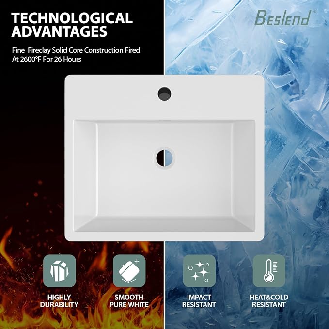 Floating Wall Mount Sink | Beslend 20"x17" Inch White Ceramic Vessel Sinks, Rectangular Art Basin with Single Hole, Small Space-Saving Bathroom Sink