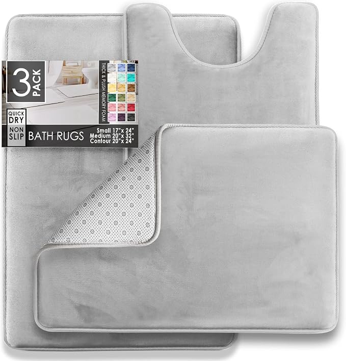 Clara Clark 3 Piece Bathroom Rugs Bath Mat Set, Velvet Memory Foam Bath Mats for Bathroom - Non-Slip, PVC Backing Bath Rugs, Washable - Dries Quickly, Silver