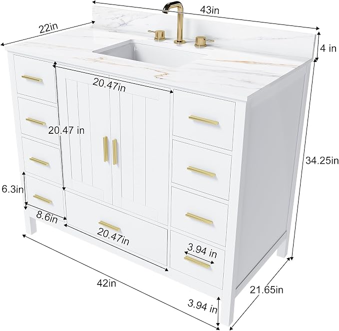 42 Inch Bathroom Vanity with Sink&Countertop,Calacatta Gold Sintered Stone Counter Top with Sink&Backsplash,White Bathroom Cabinet Set with 2 Doors and 9 Drawer(Three Holes)
