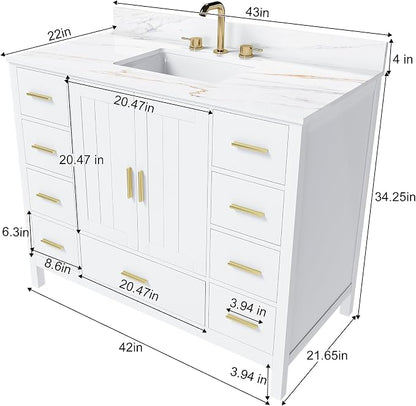 42 Inch Bathroom Vanity with Sink&Countertop,Calacatta Gold Sintered Stone Counter Top with Sink&Backsplash,White Bathroom Cabinet Set with 2 Doors and 9 Drawer(Three Holes)