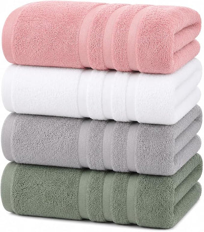Velqora Bath Towels 4 Pack, 30x60 in, 100% Cotton, Soft, Multicolor | Pink, White, Light Gray & Sage Green Mix | Absorbent Terry | Balanced Weight | Easy Care