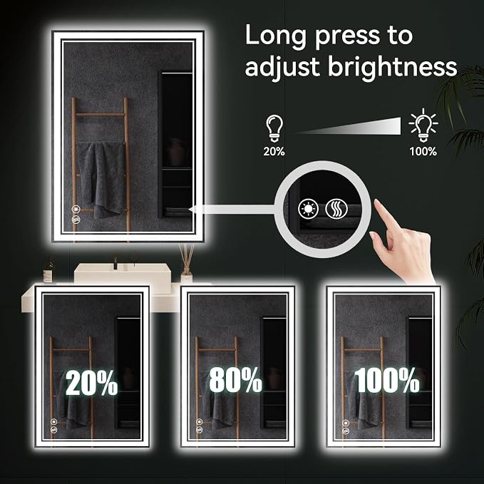 24 x 32” LED Mirror for Bathroom with Lights Anti-Fogging Dimmable 3 Colors LED Bathroom Mirror with Lights Memory Function Smart Mirror Touch Sensor Square Wall Mounted