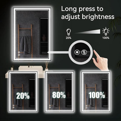24 x 32” LED Mirror for Bathroom with Lights Anti-Fogging Dimmable 3 Colors LED Bathroom Mirror with Lights Memory Function Smart Mirror Touch Sensor Square Wall Mounted