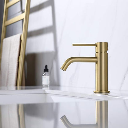 Brushed Gold Bathroom Faucet, Single Handle Brass Sink Faucet Bathroom Single Hole with Pop Up Sink Drain Assembly and Water Faucet Supply Lines