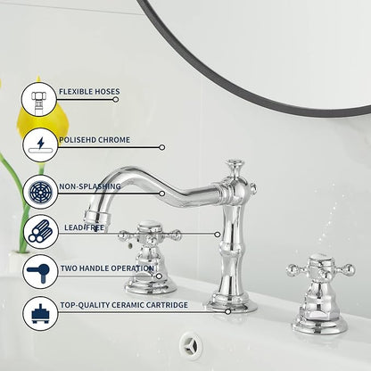 2 Handles 3 Holes Faucet Widespread Bathroom Sink Faucet Chrome Basin Mixer Tap Matching Pop Up Drain with Overflow