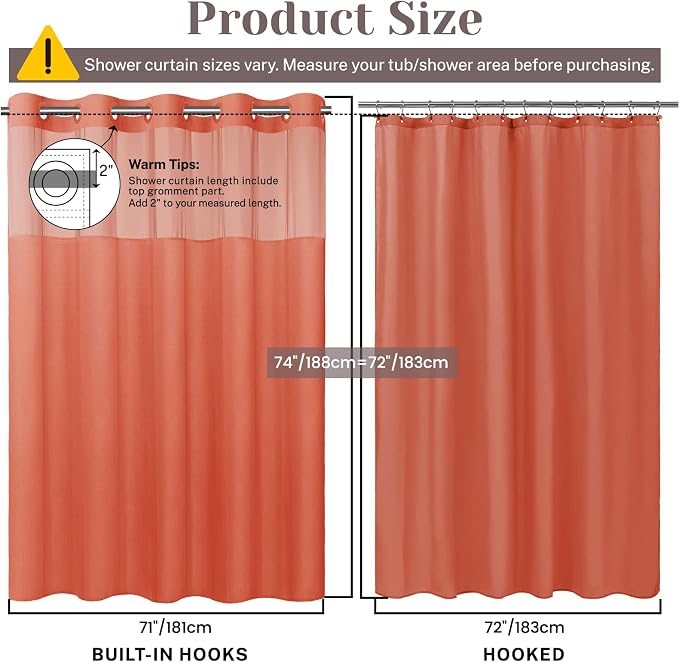 SORTTO No Hook Slub Shower Curtain with Liner, 71x74, Coral | Snap in Liner, 3 in 1, Bamboo Texture, Hotel Style, Waterproof Fabric, Mesh Top Window, Corner Magnets, Machine Washable
