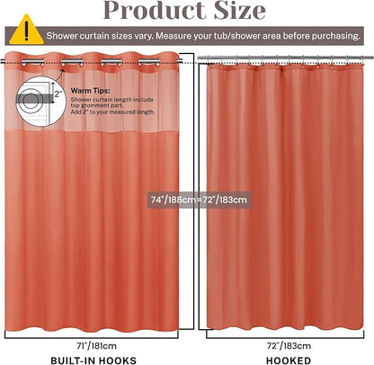 SORTTO No Hook Slub Shower Curtain with Liner, 71x74, Coral | Snap in Liner, 3 in 1, Bamboo Texture, Hotel Style, Waterproof Fabric, Mesh Top Window, Corner Magnets, Machine Washable