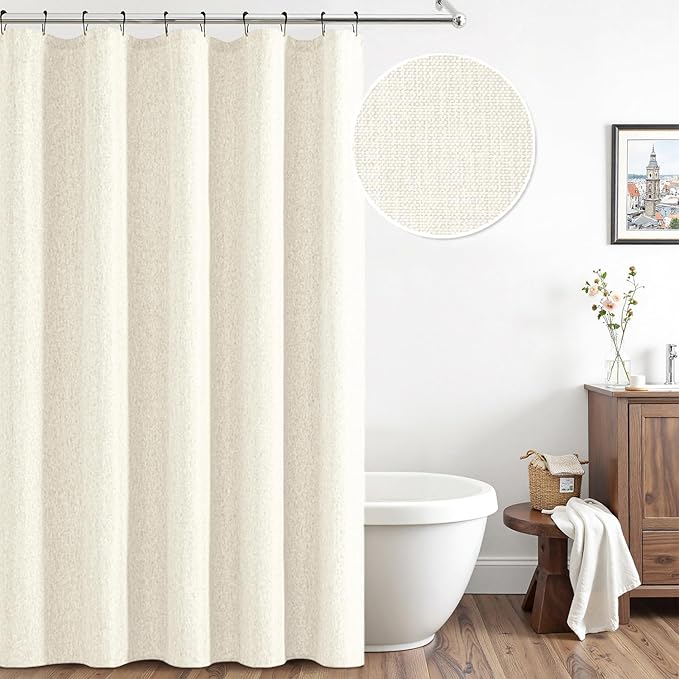 ANRODUO Ivory Linen Textured Fabric Shower Curtain Set - 60"x72" with 10 Rust Resistant Durable Metal Hooks, Waterproof & Heavy Duty Polyester, Button Hole Design, Machine Washable for Bathroom