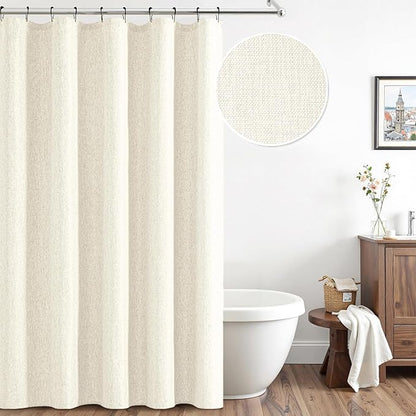 ANRODUO Ivory Linen Textured Fabric Shower Curtain Set - 60"x72" with 10 Rust Resistant Durable Metal Hooks, Waterproof & Heavy Duty Polyester, Button Hole Design, Machine Washable for Bathroom