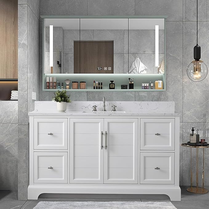 Vanity Art 60 Inch Bathroom Vanity with Single Sink, White | Solid Wood, Ceramic Sink, Marble Top, Waterproof Backsplash, Pre-assembled, Soft-close Doors, Ample Storage, Freestanding