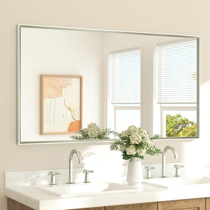 Brushed Nickel Mirror 55" x 30" Beveled Framed Bathroom Vanity Wall Mirror for Over Sink Brushed Nickel, Tempered Glass, Modern Farmhouse Bedroom, Entryway, Living Room